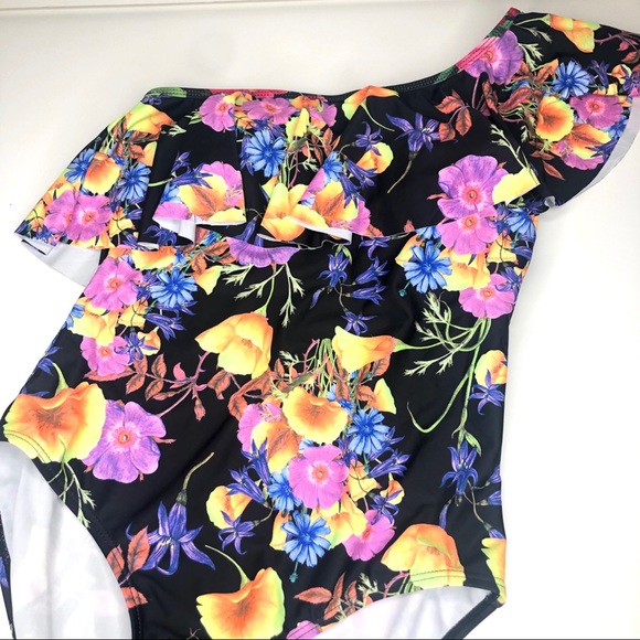 Flower Women’s One Piece Shoulder Swimsuit NWT Black Pink Small - Picture 3 of 16